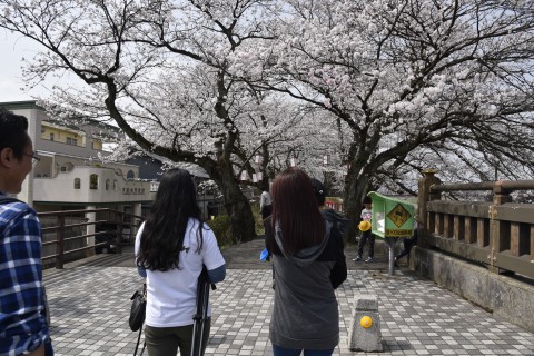 ウゲン・ドルジさんとご家族が日本さくら名所100選に選ばれている足羽川沿いの桜並木道を歩く