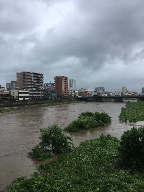 The Asuwa river which flows through Fukui City has risen. This photograph was taken on August 8th, 2017