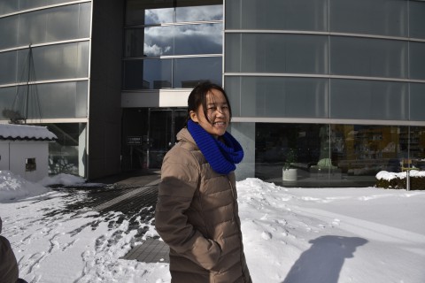 Ms. Sonam in Fukui City smiling even it was so bright from the sunlight reflected on snow
