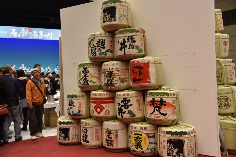 春の新酒祭り　福井市のフェニックスプラザにて　参加した酒蔵の樽がピラミッド状に積まれている