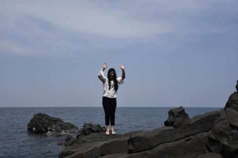 Mr. Ugyen Dorji's sister is very happy seeing the Sea of Japan